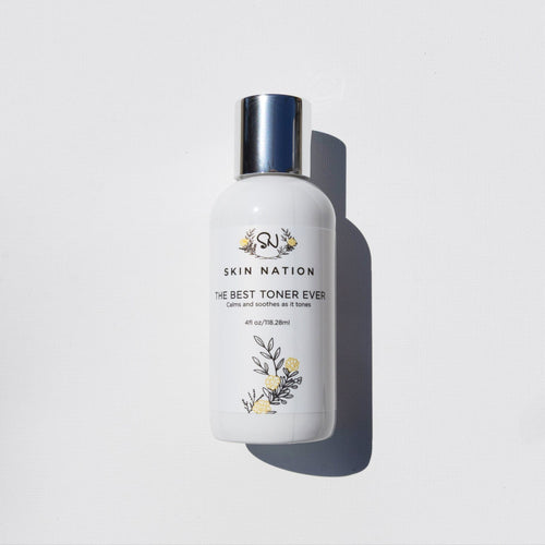Skincare bottle of Skin Nation Toner labeled 'Skin Nation' on a light gray background