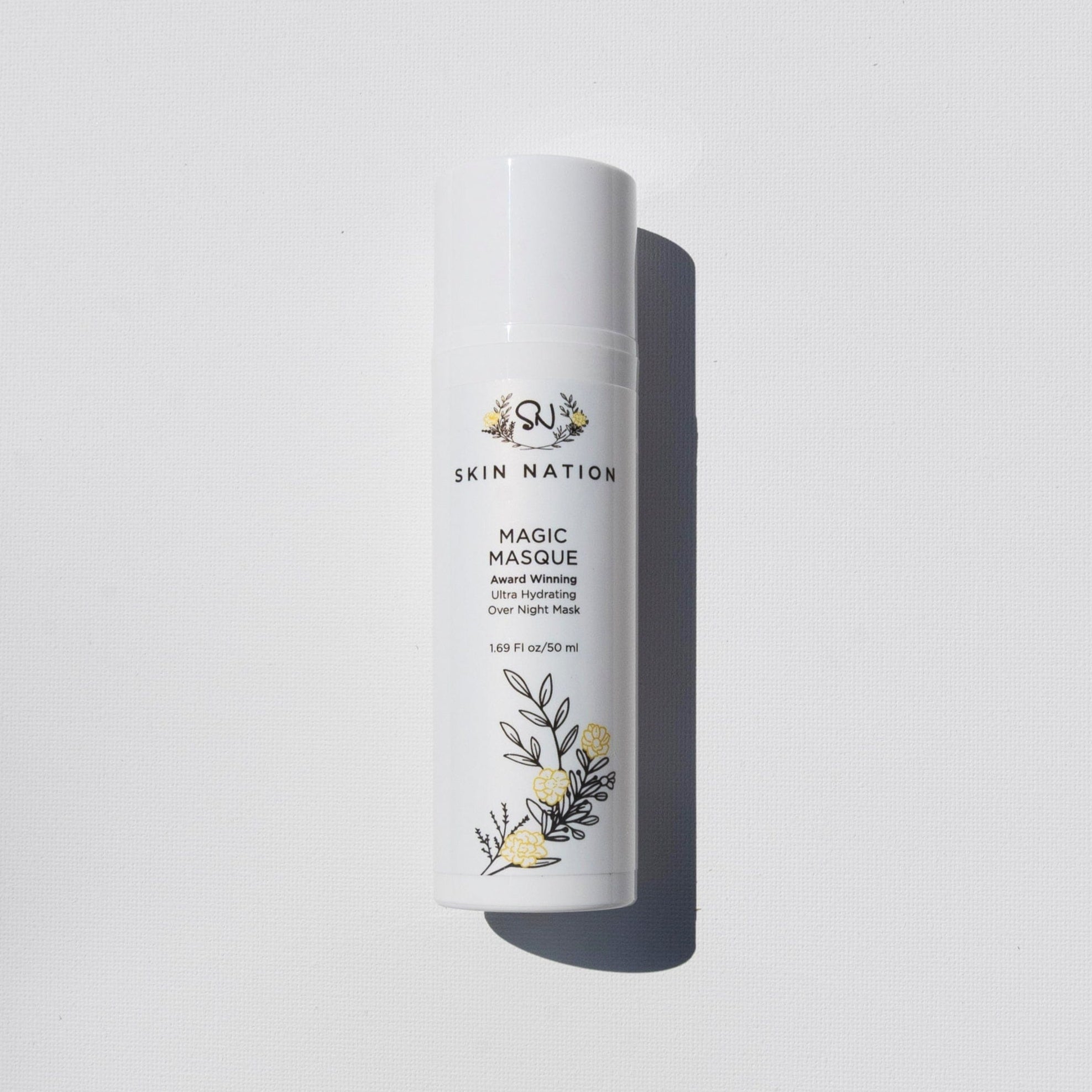 Skincare product bottle labeled 'Skin Nation Magic Masque' on a light gray background