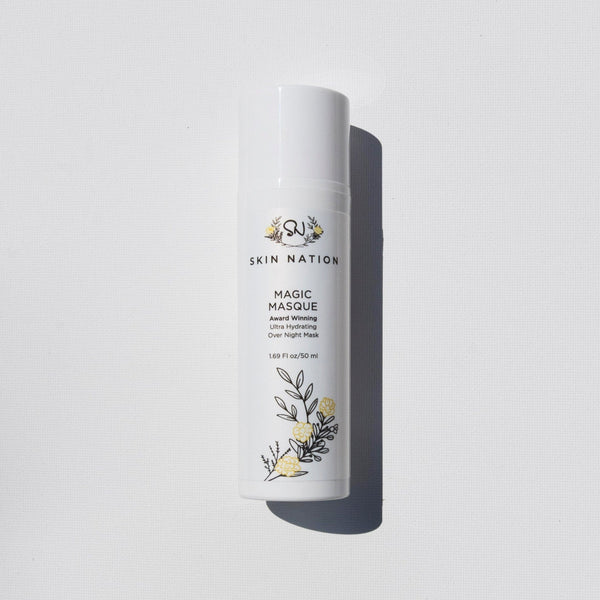 Skincare product bottle labeled 'Skin Nation Magic Masque' on a light gray background