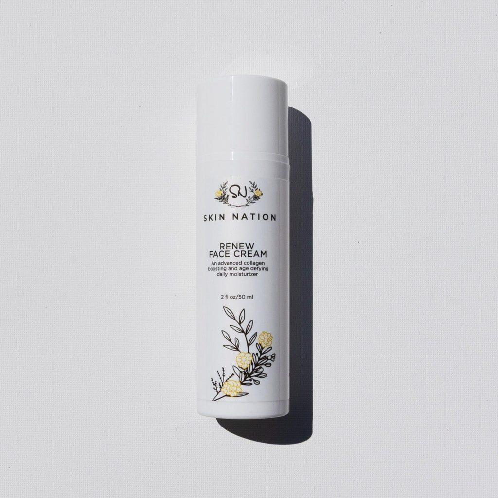 Skincare bottle labeled 'Skin Nation Renew Face Cream' on a light gray background
