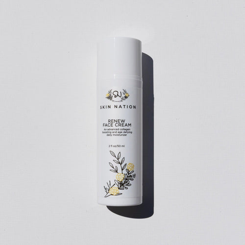 Skincare bottle labeled 'Skin Nation Renew Face Cream' on a light gray background