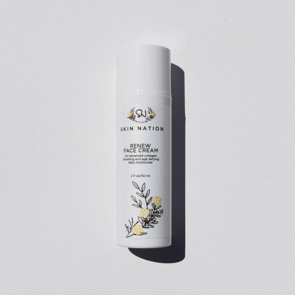 Skincare bottle labeled 'Skin Nation Renew Face Cream' on a light gray background
