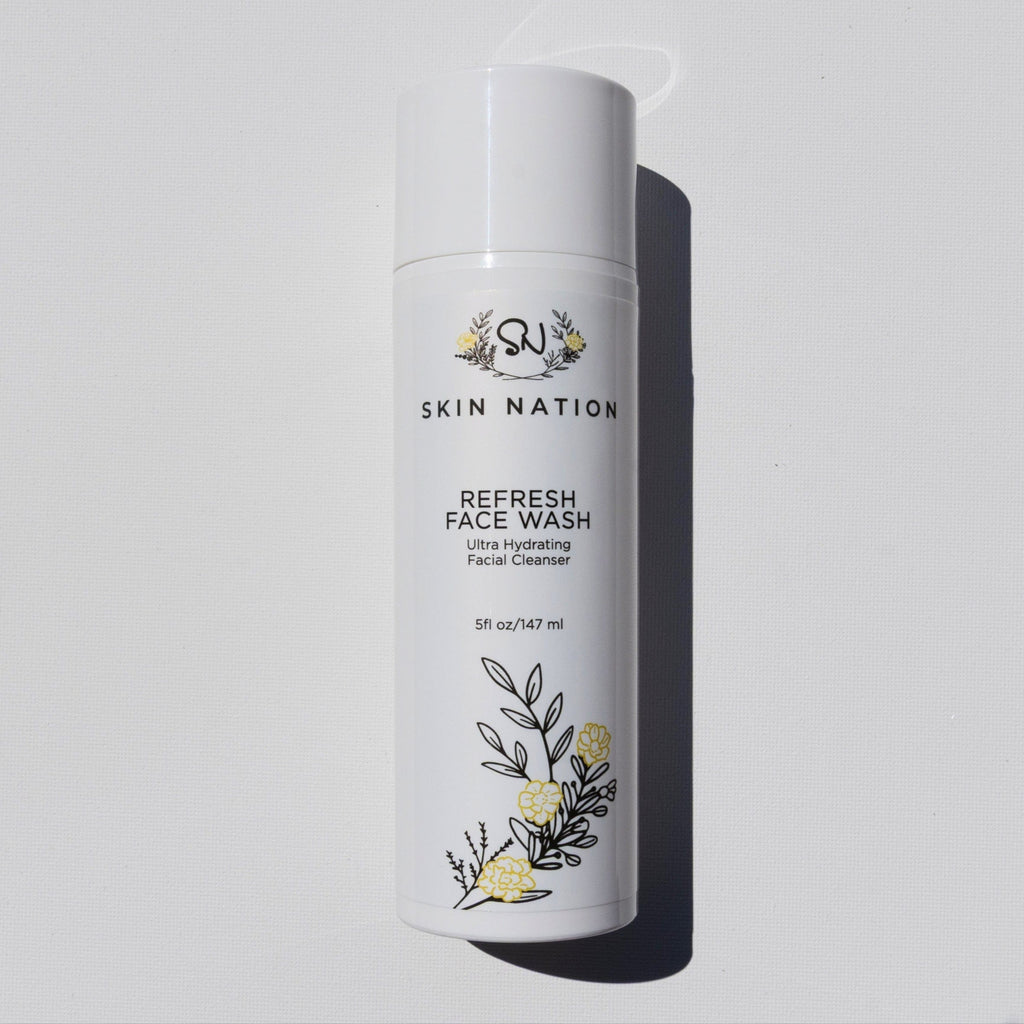 Skin Nation face wash bottle on a light gray background