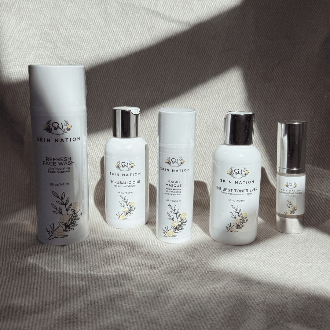 Set of Skin Nation skincare products in the Sleep Combination on a textured surface with natural light