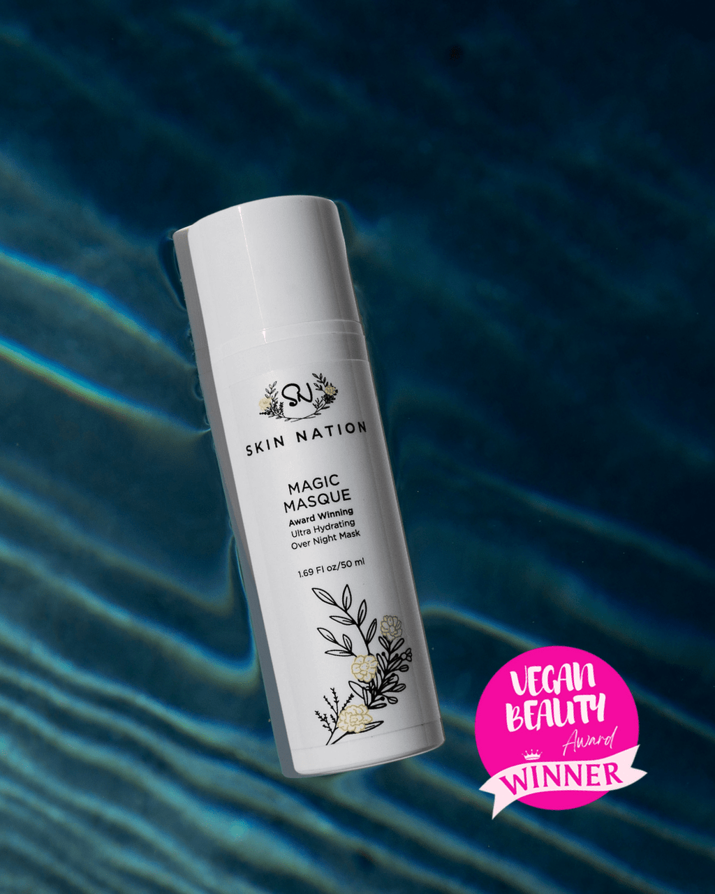 Skin Nation Magic Masque bottle on a blue gradient background with 'Vegan Beauty Winner' badge.