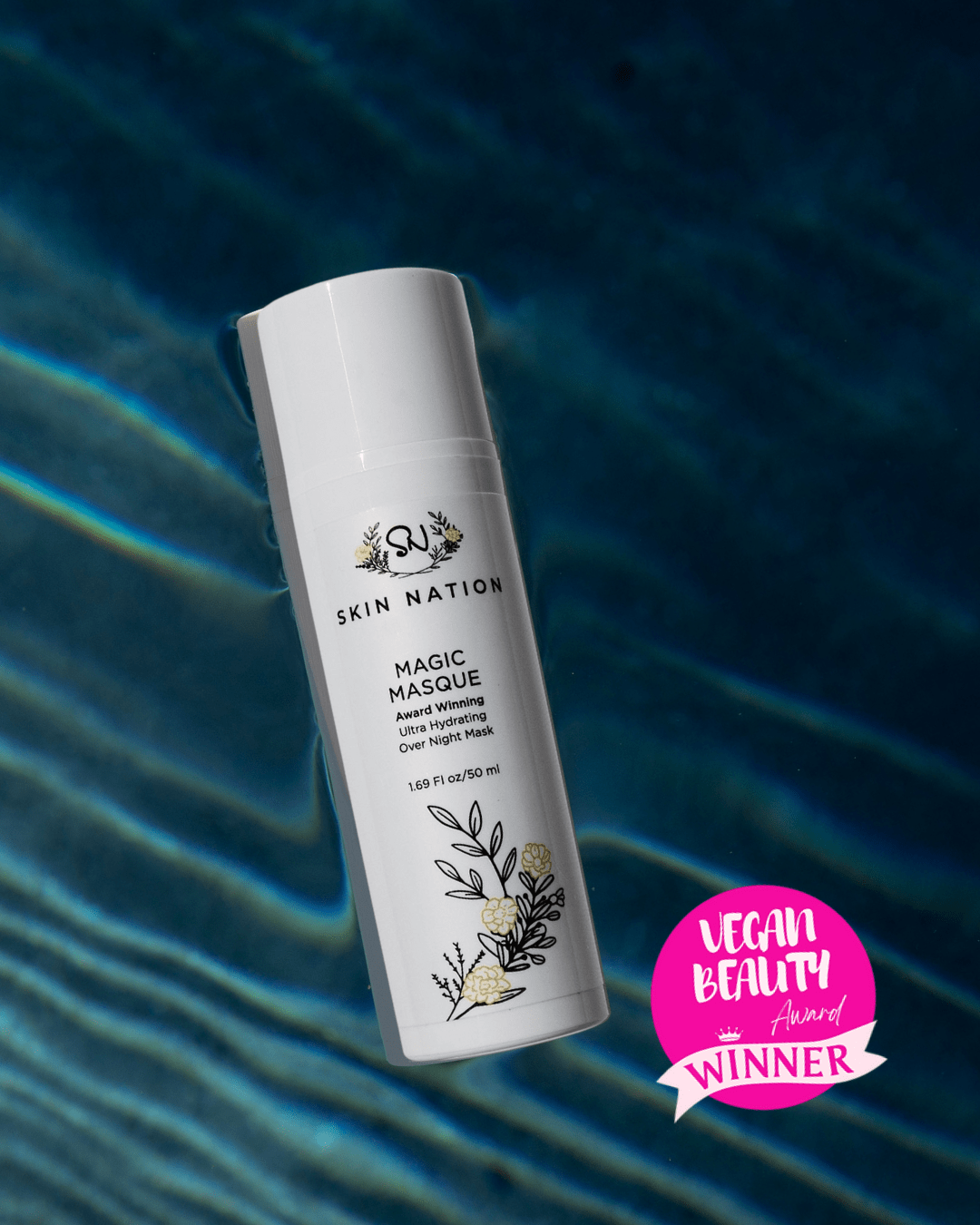 Skin Nation Magic Masque bottle on a blue gradient background with 'Vegan Beauty Winner' badge.