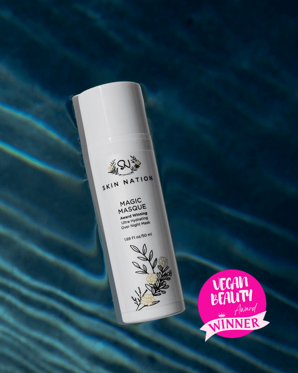 Skin Nation Magic Masque bottle on a blue gradient background with 'Vegan Beauty Winner' badge.