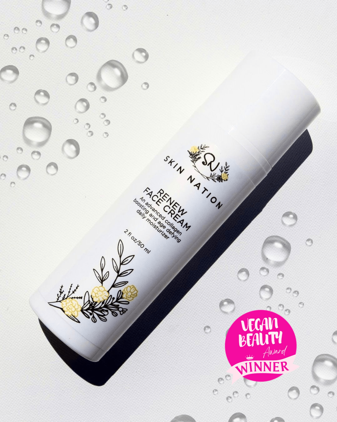 Skin Nation Renew Face Cream bottle with water droplets on a light background with a Vegan Beauty Award Winner Logo