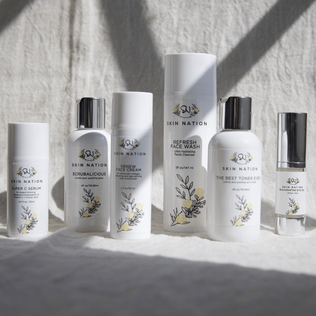 Collection of Skin Nation skincare products included in the Day Combination on a textured surface with natural light.